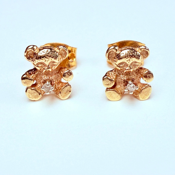 Jewelry - 14K Solid Yellow Gold Genuine Diamond Solitaire Teddy Bear Stud Earrings
